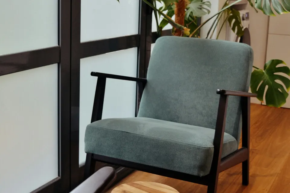A green armchair and a large plant beside a tall, sunny window